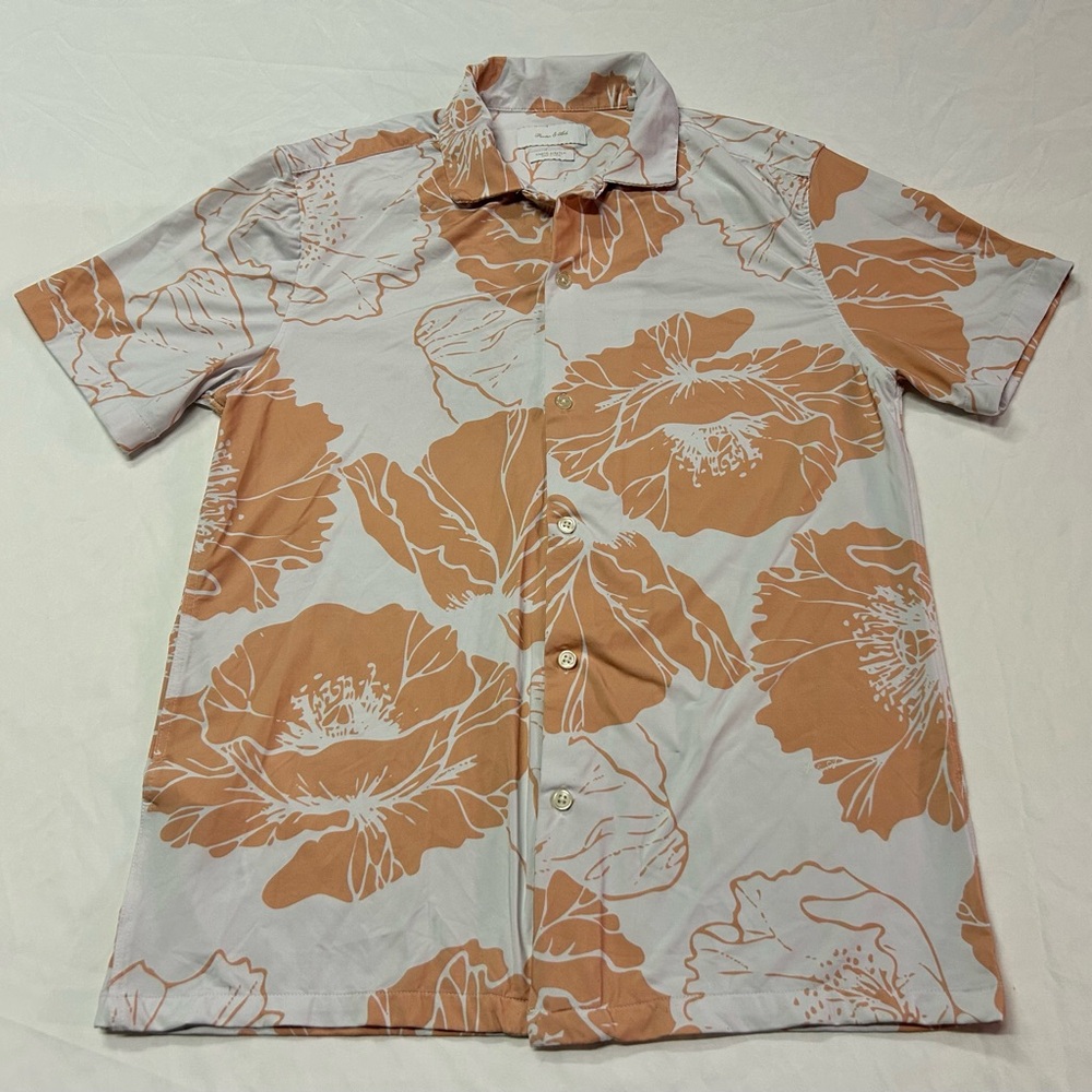 Porter & Ash Shirt Mens Small Pink White Hawaiian Stretch Short Sleeve Button-Up